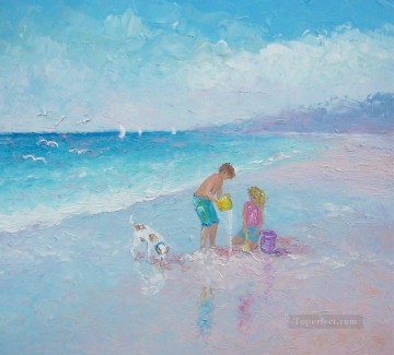 印象派 Painting - ビーチで犬と少年と少女 子供の印象派